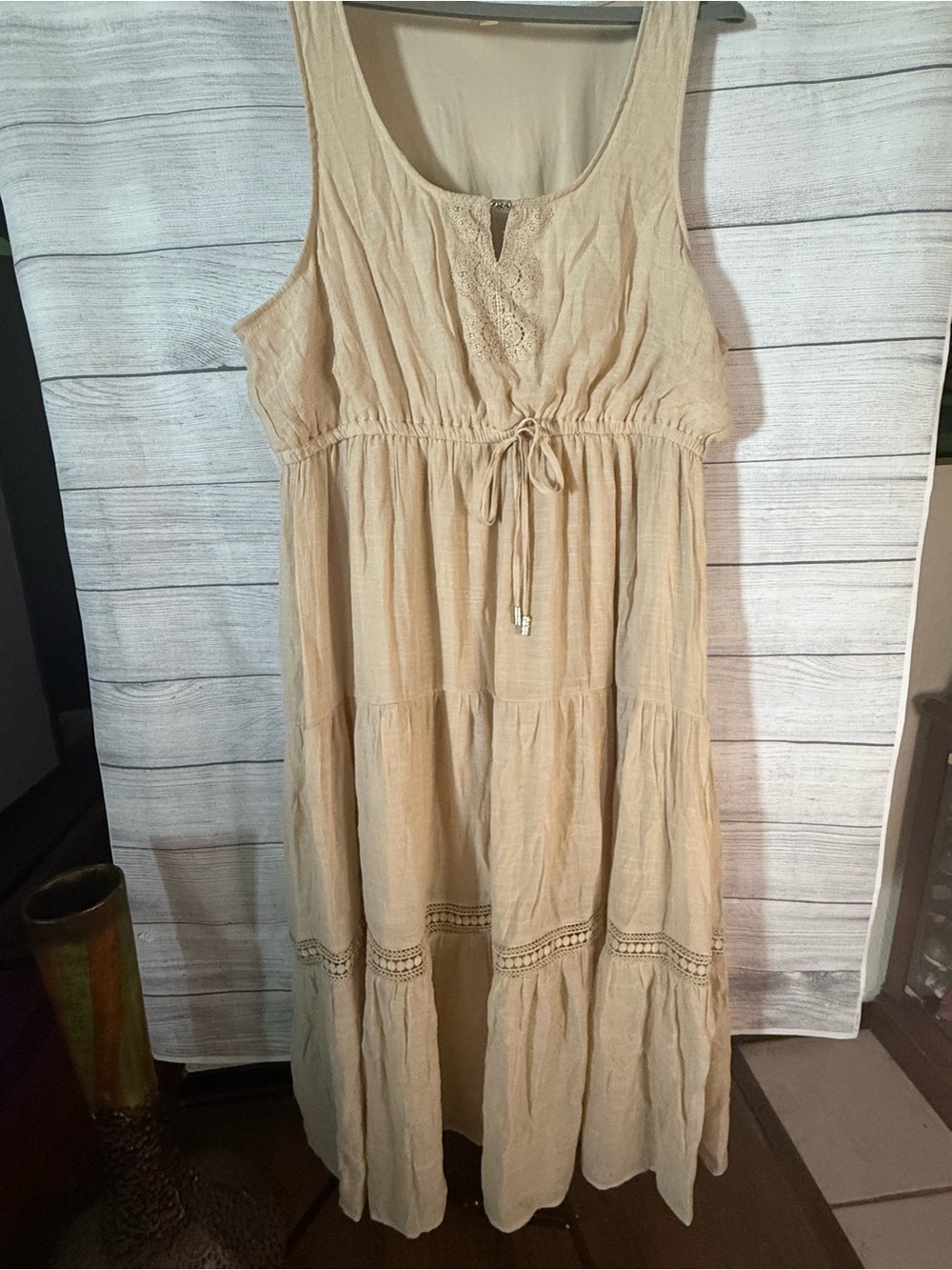 Light Beige Maxi Sundress with Drawstring Waist